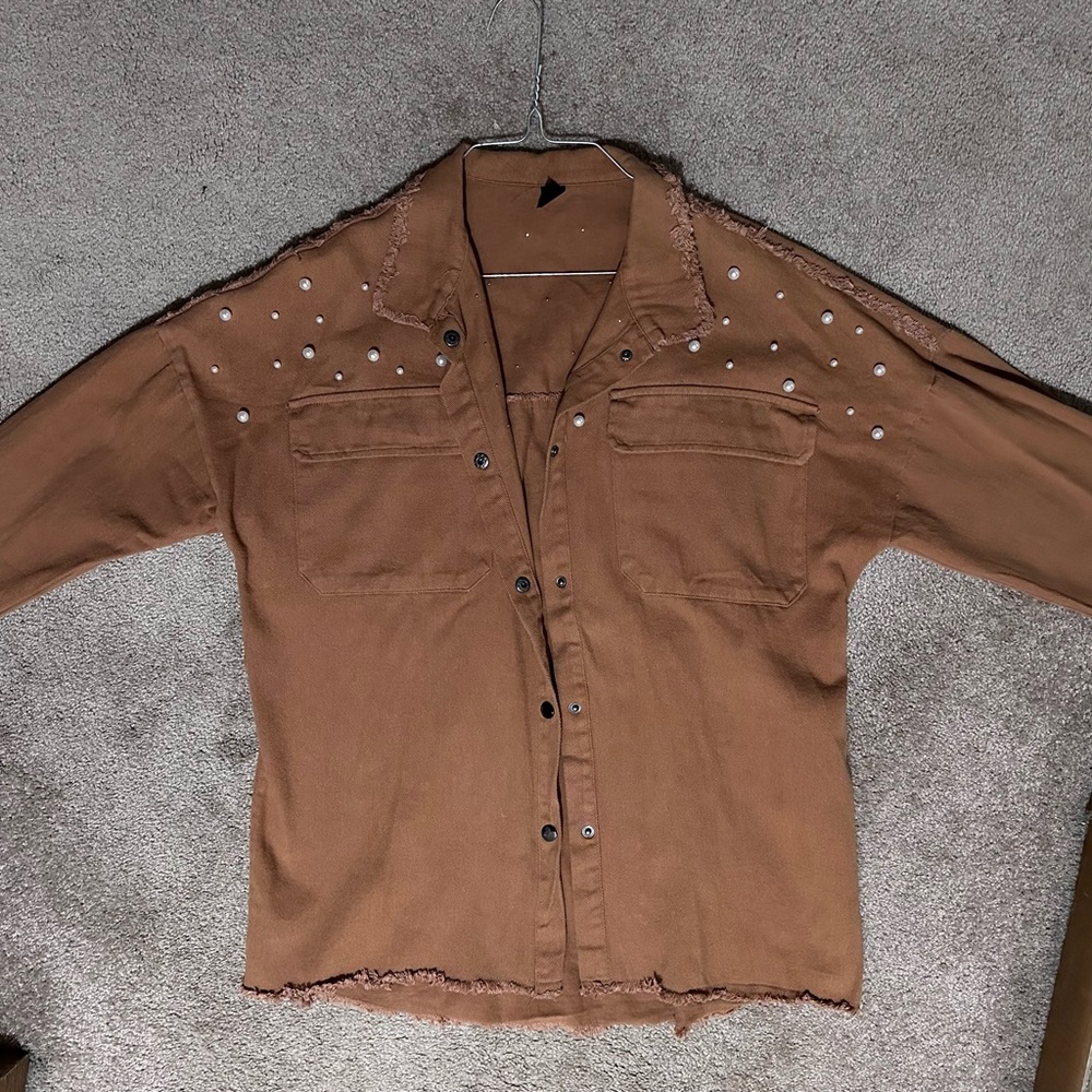 SHEIN Brown Button-Down Denim Shirt with Pearl Details